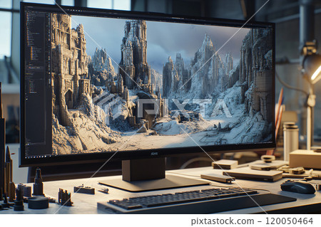 Close up of a black monitor with a screen saver image. Game development concept. AI Generated. 120050464