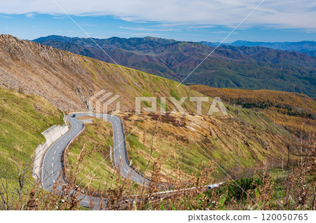 志賀高原公路澀嶺的髮夾彎,一條風景優美的公路 志賀高原公路澀嶺的髮夾彎,一條風景優美的公路 120050765