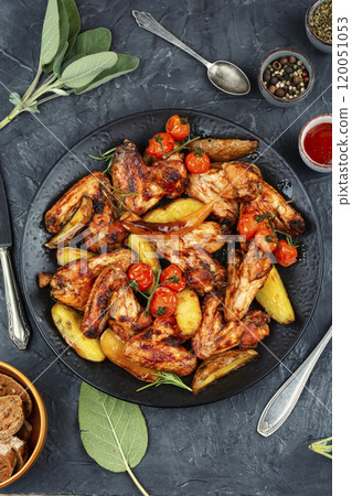 Barbecue chicken wings with sage. 120051053