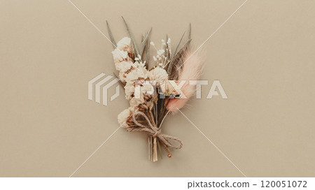 Dried flowers on a beige background. Dull colored flower background material. 120051072