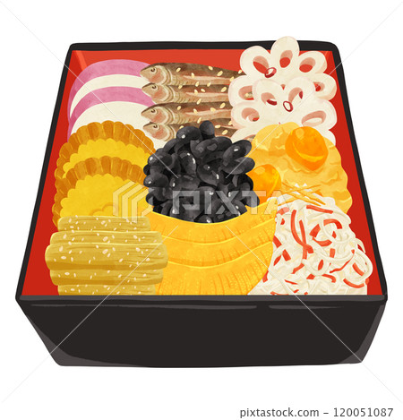 Osechi Ichinoju（魚糕、黑豆、栗子 Kinton 等）水彩風格手繪插圖 120051087