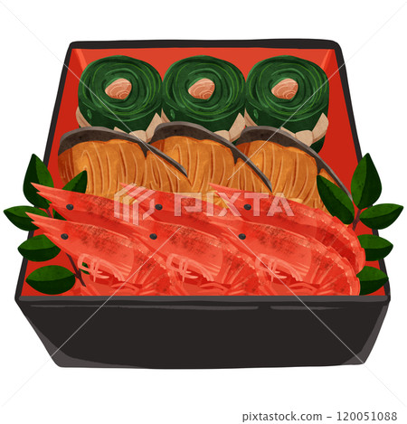 Osechi, second layer (shrimp, yellowtail, kelp rolls) watercolor-style hand-drawn illustration 120051088