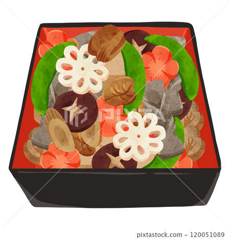 Osechi: Third layer (Chikuzenni) Watercolor-style hand-drawn illustration 120051089