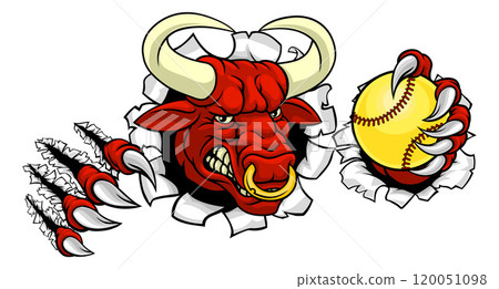 Bull Minotaur Longhorn Cow Softball Mascot Cartoon Bull Minotaur Longhorn Cow Softball Mascot Cartoon 120051098