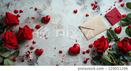 A soft pink and red Valentines Day background with heart-shaped confetti and candles. A soft pink and red Valentines Day background with heart-shaped confetti and candles. 120051206