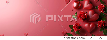 A soft pink and red Valentines Day background with heart-shaped confetti and candles. 120051220