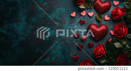 A soft pink and red Valentines Day background with heart-shaped confetti and candles. 120051221