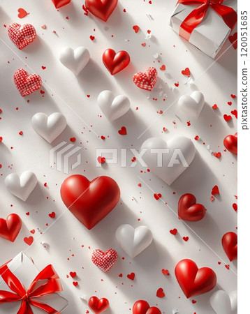 White and red Valentine's Day background with scattered hearts a White and red Valentine's Day background with scattered hearts a 120051685