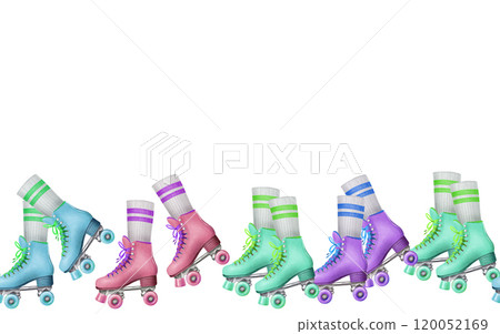 Vintage multicolored vibrant roller skates with sports socks with two stripes in motion as a seamless border for websites, banners in retro style 80s,90s 120052169