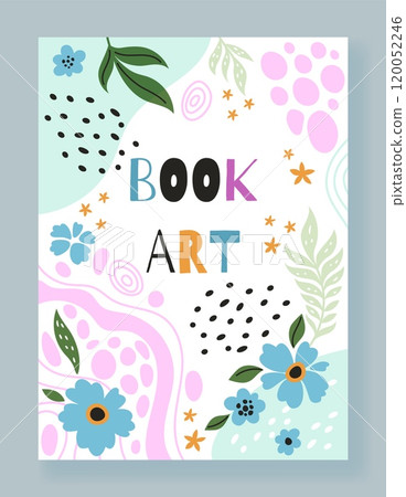 Boor art cover. Doodle leaves and flowers design, notebook or flyer, poster and postcard. Botanical elements isolated on white background. Childish banner. Memphis style frame. Vector illustration 120052246