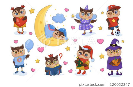 Owl cute childish character. Baby pattern for girls. Cartoon animal on kids birthday. Anime comic sleepy birdie. Pink fun bird reading or studying. Children graphic decoration. Vector tidy owlets set 120052247