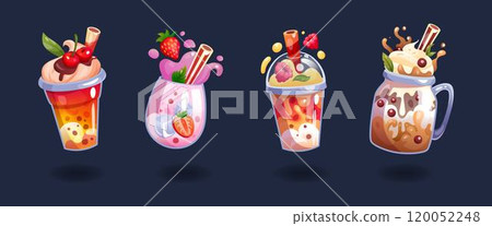 Milkshake cartoon set. Icon 3D drink. Glass cocktail, juice, tea with fruit, strawberry, blueberry, delicious milk. Summer menu, cute bubble cup. Vector design tidy beverage isolated illustration 120052248