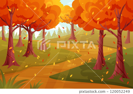 Autumn landscape. Fall forest. Cartoon leafy scene. Park with orange trees. Branch of yellow deciduous foliage. Garden road. Flying leaves. Sky sunlight. Natural panorama. Vector garish background Autumn landscape. Fall forest. Cartoon leafy scene. Park with orange trees. Branch of yellow deciduous foliage. Garden road. Flying leaves. Sky sunlight. Natural panorama. Vector garish background 120052249
