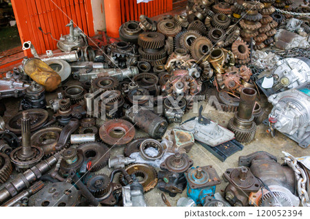 View of Old engine parts decoration, focus selective View of Old engine parts decoration, focus selective 120052394