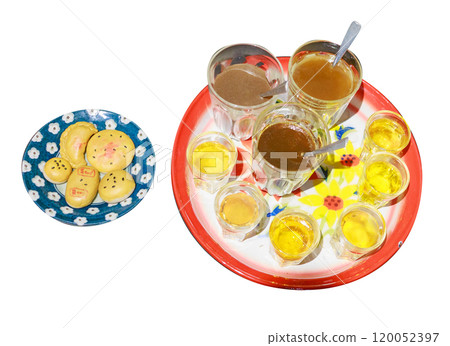 Die cut of Tea set with dessert, simulation on white isolated. Die cut of Tea set with dessert, simulation on white isolated. 120052397