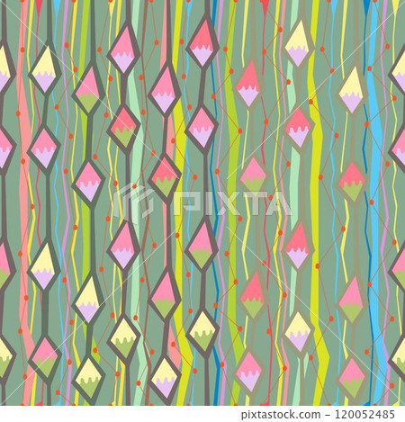 Ethnic pastel seamless pattern with broken lines and colorful rhombus 120052485
