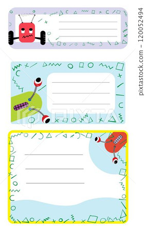 Notebook labels vector set template design with comic robot character set 120052494