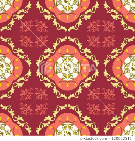 Decorative repeating pattern with bright ornaments with claret background Decorative repeating pattern with bright ornaments with claret background 120052515