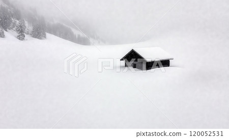 Small wooden hut covered by fresh snow in the alps 120052531