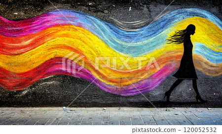 Silhouette of woman walking in front of colorful wall mural 120052532
