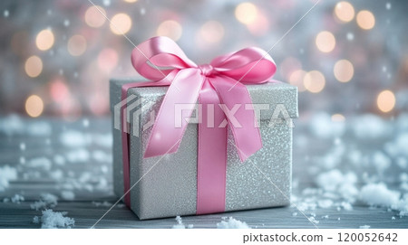 A gift box wrapped in chic satin silver wrapping paper and tied with a pink silk ribbon, placed on a wooden table with fluffy snow and festive bokeh background 120052642