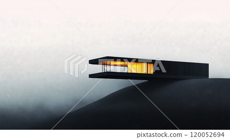 Modern minimalist black house hovering over misty hillside at twilight 120052694