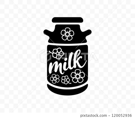 Milk can with flowers, milk, dairy, hipster style, graphic design. Drinking, drink, food and meal, vector design and illustration 120052936