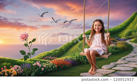 Photo style of a girl on a swing in a garden 120052937
