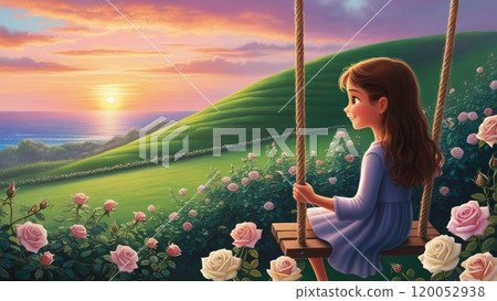 Girl on a swing in the garden, retro anime style 120052938