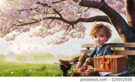 A boy eating lunch under a cherry tree 120052939