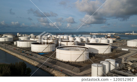 Aerial view oil and gas refinery depot industrial facility storage tank petrochemical, Crude oil and gas refinery depot terminal, Storage tank petroleum petrochemical oil and gas refinery oil and gas. 120052967