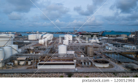 Aerial view oil and gas refinery depot industrial facility storage tank petrochemical, Crude oil and gas refinery depot terminal, Storage tank petroleum petrochemical oil and gas refinery oil and gas. 120052968