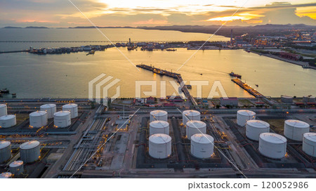 Aerial view oil and gas refinery depot industrial facility storage tank petrochemical, Crude oil and gas refinery depot terminal, Storage tank petroleum petrochemical oil and gas refinery oil and gas. 120052986