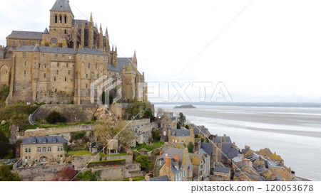 Close-Up Aerial View of Mont Saint-Michel Abbey and Village 120053678