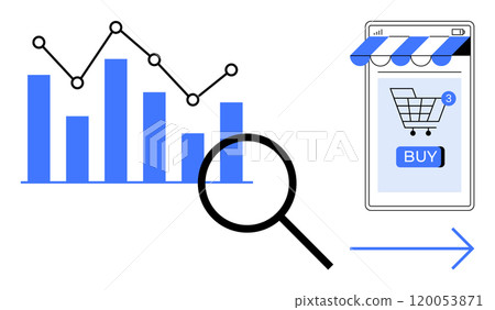 Bar graph and line graph beside magnifying glass and mobile phone screen with shopping cart. Ideal for e-commerce, analytics, marketing, data analysis, and online shopping. Modern flat style Bar graph and line graph beside magnifying glass and mobile phone screen with shopping cart. Ideal for e-commerce, analytics, marketing, data analysis, and online shopping. Modern flat style 120053871