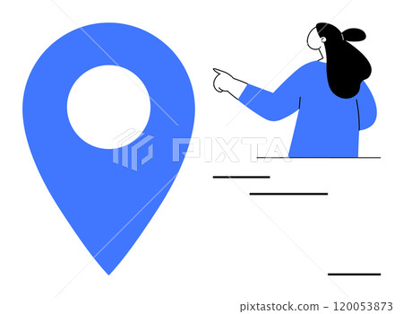 Woman with black hair pointing at a large blue location pin symbol. Ideal for navigation guidance, location-based services, user interface design, map applications, and travel-related marketing 120053873