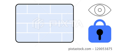 A wall, eye symbol, and a padlock. Ideal for cybersecurity, privacy protection, security systems, data safety, digital security. Simple flat style. Main colors are white, blue, and black A wall, eye symbol, and a padlock. Ideal for cybersecurity, privacy protection, security systems, data safety, digital security. Simple flat style. Main colors are white, blue, and black 120053875