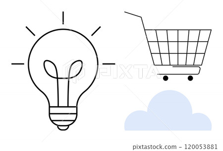 Light bulb, shopping cart, and cloud symbols in minimalistic style. Ideal for innovation, e-commerce, cloud computing, online shopping, technology. Simplistic vector art with black and light blue Light bulb, shopping cart, and cloud symbols in minimalistic style. Ideal for innovation, e-commerce, cloud computing, online shopping, technology. Simplistic vector art with black and light blue 120053881