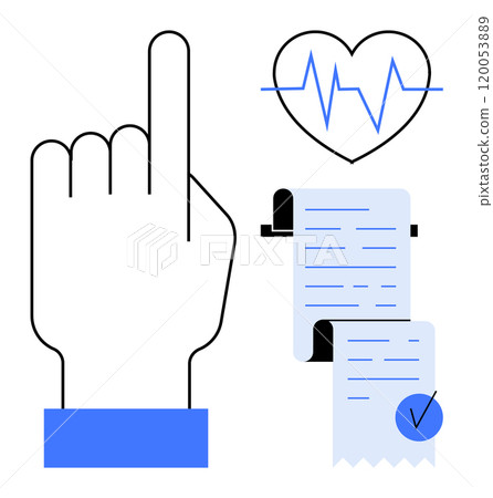 A hand points upward with a heartbeat symbol alongside a medical report and a checkmark. Ideal for health apps medical assessments fitness technology patient monitoring and reports. Modern minimal 120053889