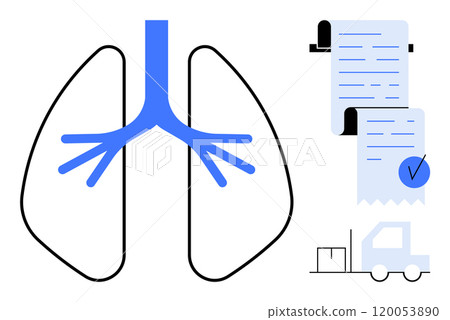 Simplified outline of human lungs paired with a logistics-themed checklist and a delivery truck with cargo. Ideal for healthcare, medicine, respiratory system, logistics, and delivery themes 120053890