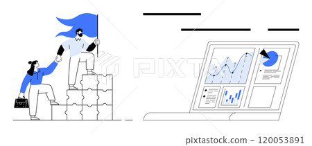 Two people, one helping the other climb puzzle piece blocks, symbolic of teamwork and leadership. To the right, a laptop displaying charts and graphs, representing data analysis. Ideal for teamwork 120053891
