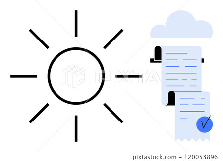 Sun with rays next to cloud above rolled documents symbolizes clarity. Ideal for presentation, document approval, cloud storage, project tracking, and weather forecast. Clean minimalist style Sun with rays next to cloud above rolled documents symbolizes clarity. Ideal for presentation, document approval, cloud storage, project tracking, and weather forecast. Clean minimalist style 120053896