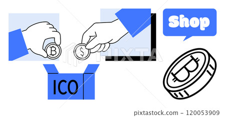 Two hands holding Bitcoin and dollar coins, a box with ICO text, a cryptocurrency coin, and a speech bubble with the word Shop. Ideal for cryptocurrency promotion financial education digital currency Two hands holding Bitcoin and dollar coins, a box with ICO text, a cryptocurrency coin, and a speech bubble with the word Shop. Ideal for cryptocurrency promotion financial education digital currency 120053909