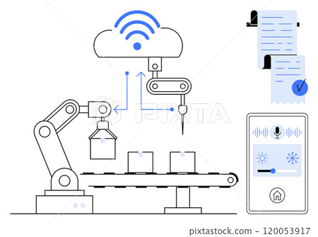 A robotic arm operates on a conveyor belt with three boxes, connected to a cloud network. A smart controller and checklist enhance efficiency. Ideal for automation, AI technology, industrial IoT A robotic arm operates on a conveyor belt with three boxes, connected to a cloud network. A smart controller and checklist enhance efficiency. Ideal for automation, AI technology, industrial IoT 120053917