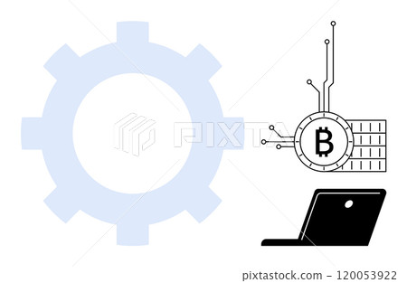 A gear, a laptop, and a cryptocurrency symbol connected to a digital network. Ideal for technology, blockchain, cryptocurrency, fintech, and digital economy themes. Simple modern vector style A gear, a laptop, and a cryptocurrency symbol connected to a digital network. Ideal for technology, blockchain, cryptocurrency, fintech, and digital economy themes. Simple modern vector style 120053922