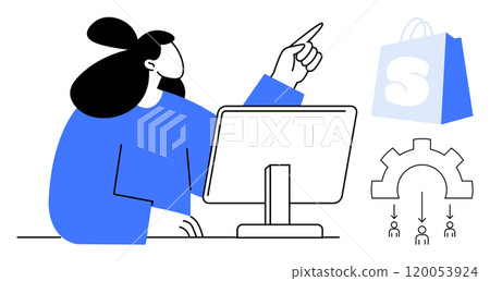 Person using computer while pointing upwards, accompanied by a shopping icon and gear symbol. Ideal for e-commerce, workflow, online shopping, digital marketing, technology. Clean, modern, flat 120053924