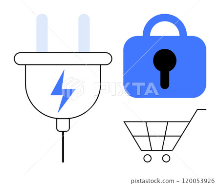 Blue lock, electric plug, and shopping cart. Ideal for e-commerce, online security, digital payments, technology integration, secure transactions. Simple line art style Blue lock, electric plug, and shopping cart. Ideal for e-commerce, online security, digital payments, technology integration, secure transactions. Simple line art style 120053926