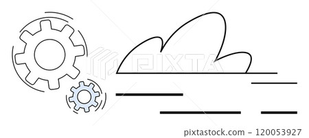 Two interlocking gears next to a cloud shape with horizontal lines representing speed and data flow. Ideal for technology, cloud computing, innovation, data management, and automation themes. Simple Two interlocking gears next to a cloud shape with horizontal lines representing speed and data flow. Ideal for technology, cloud computing, innovation, data management, and automation themes. Simple 120053927