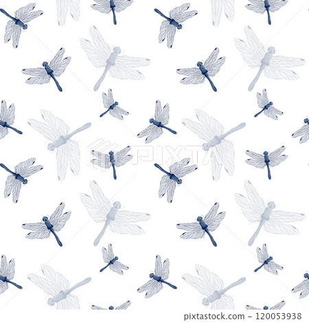 Blue dragonfly, butterfly. Watercolor seamless pattern, hand drawn. Isolated on a white background. Insect drawing for invitation design and printing. Blue dragonfly, butterfly. Watercolor seamless pattern, hand drawn. Isolated on a white background. Insect drawing for invitation design and printing. 120053938
