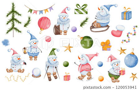 Snowmen, Christmas tree, gifts, balls. Hand drawn Christmas watercolor set. Illustrations with colored holiday elements on a white background. Isolated. For designs, cards, banners and more. Snowmen, Christmas tree, gifts, balls. Hand drawn Christmas watercolor set. Illustrations with colored holiday elements on a white background. Isolated. For designs, cards, banners and more. 120053941